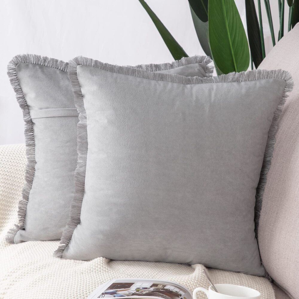 3145 Set of 2 Suede Throw Pillow Covers with Fringe Tassels 22x22 Inch